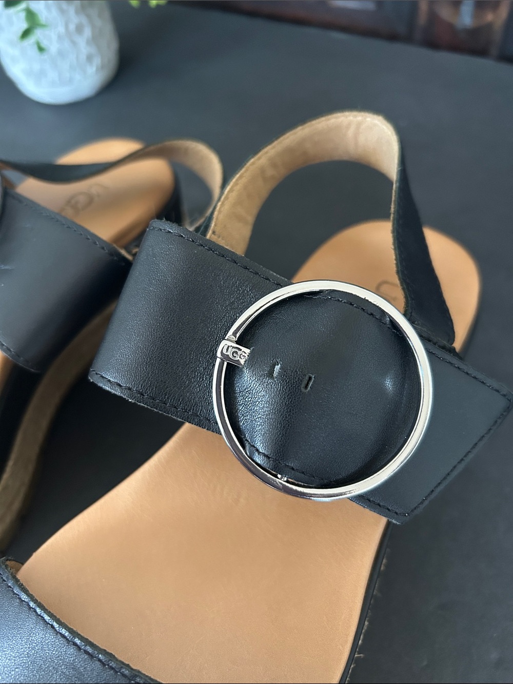 UGG Black Leather Platform Espadrille Sandals with Silver Buckle - Picture 13 of 15